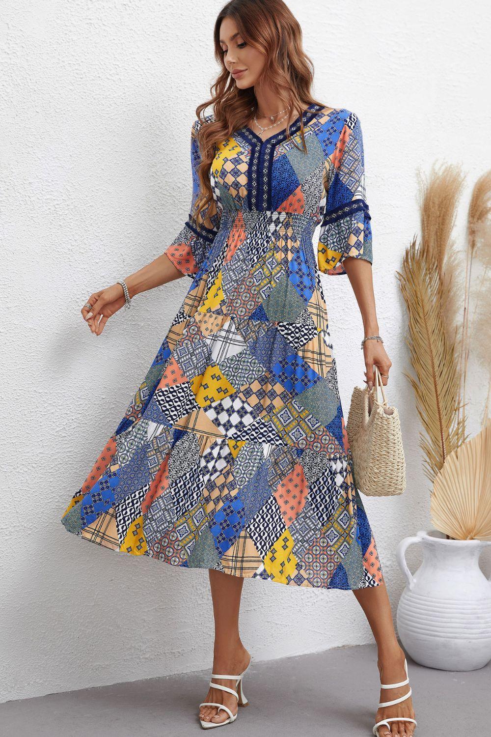 Graceful V Neck Patchwork Midi Dress - MXSTUDIO.COM