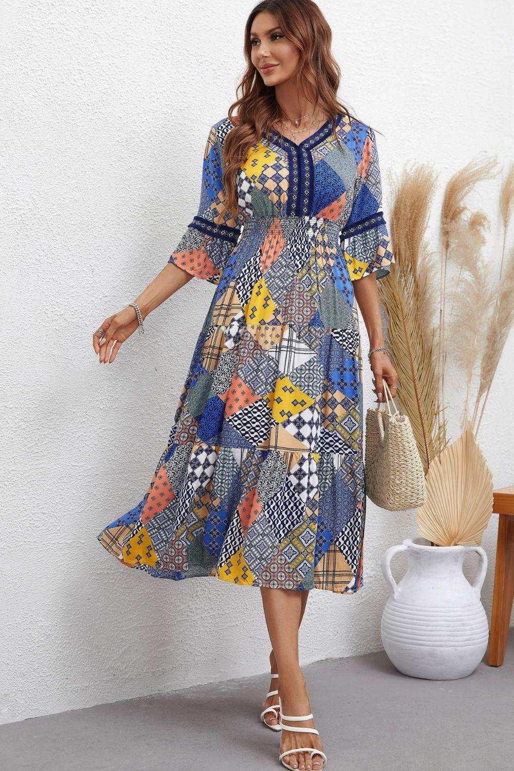 Graceful V Neck Patchwork Midi Dress - MXSTUDIO.COM