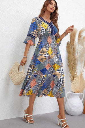 Graceful V Neck Patchwork Midi Dress - MXSTUDIO.COM