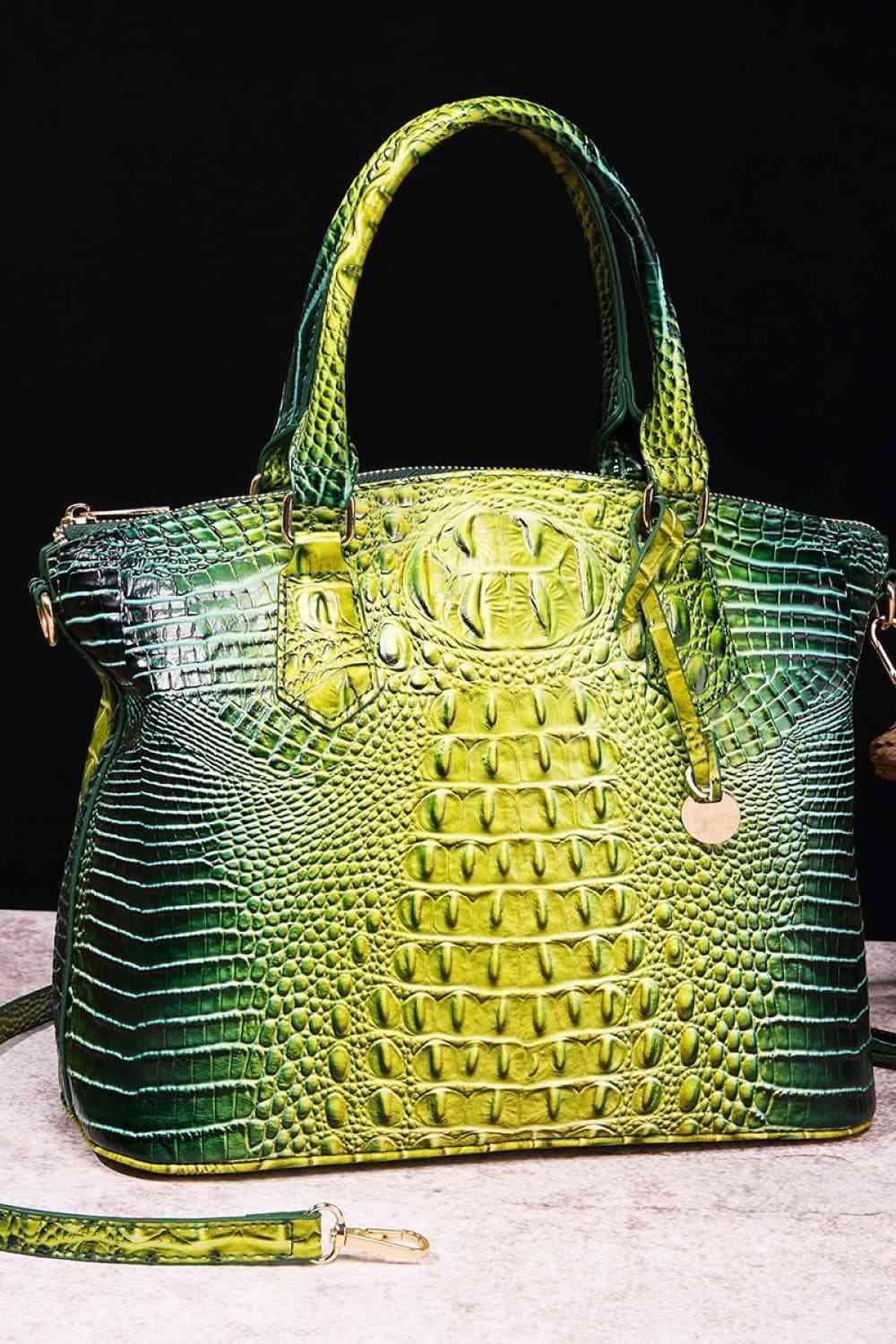 a green handbag sitting on top of a table