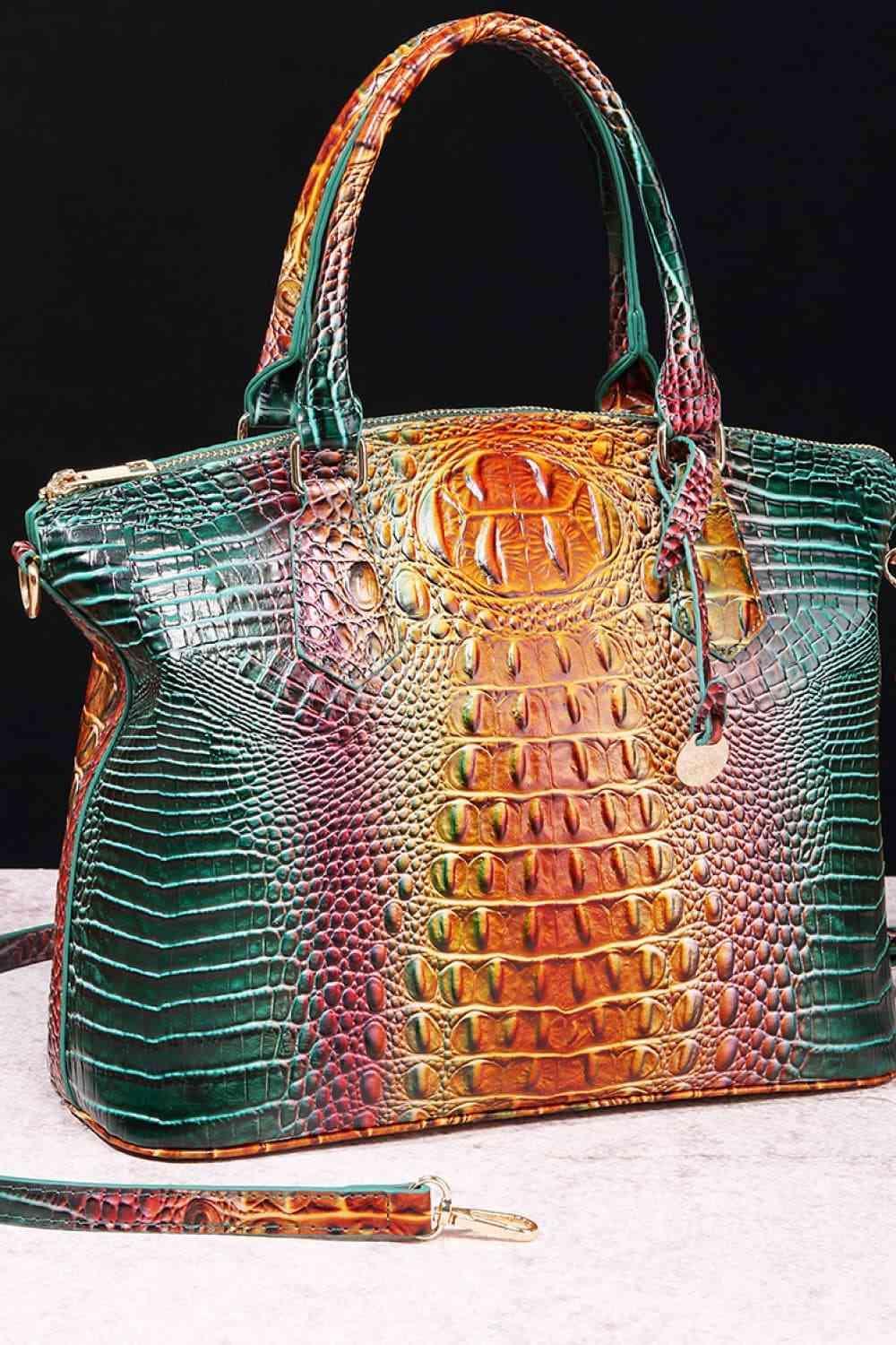 a green and orange purse sitting on top of a table