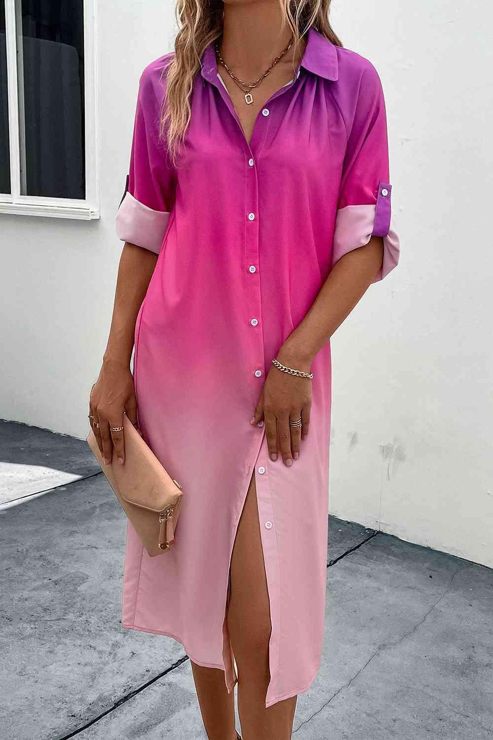 a woman wearing a pink and purple shirt dress