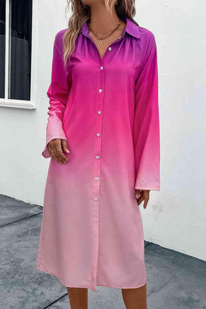 a woman wearing a pink and purple shirt dress