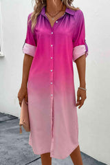 a woman wearing a pink and purple shirt dress