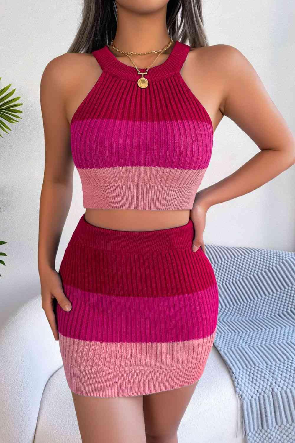 Gradient Striped Knit Crop Top And Skirt Set-MXSTUDIO.COM