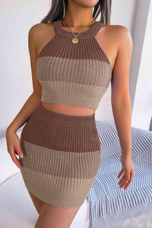 Gradient Striped Knit Crop Top And Skirt Set-MXSTUDIO.COM