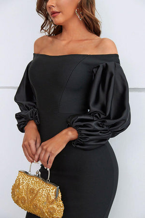 Grand Black Off-Shoulder Bubble Sleeve Dress - MXSTUDIO.COM