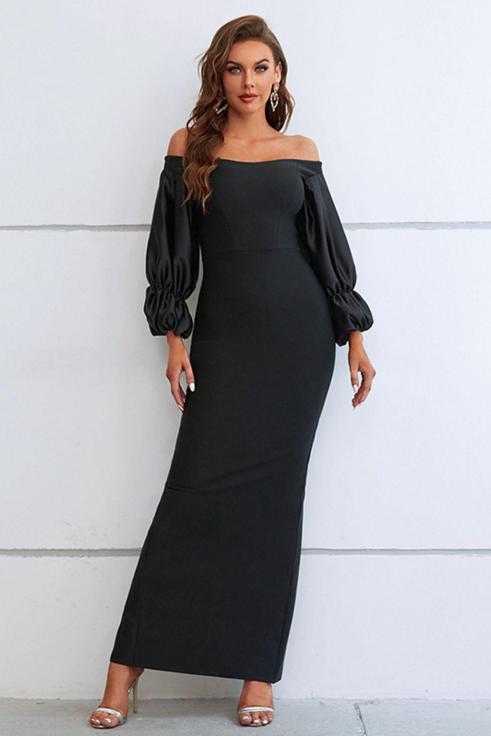 Grand Black Off-Shoulder Bubble Sleeve Dress - MXSTUDIO.COM