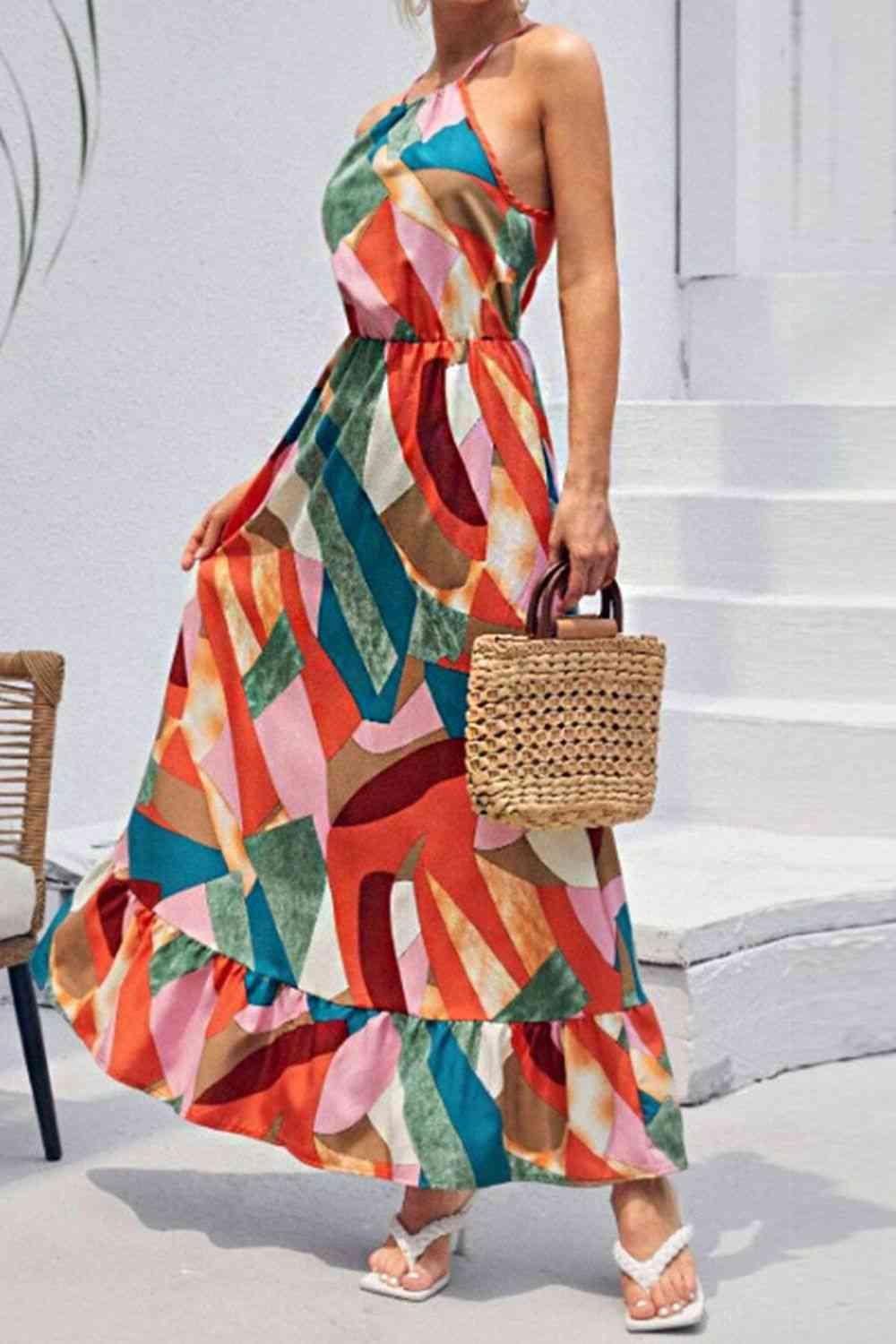 a woman in a colorful dress holding a basket