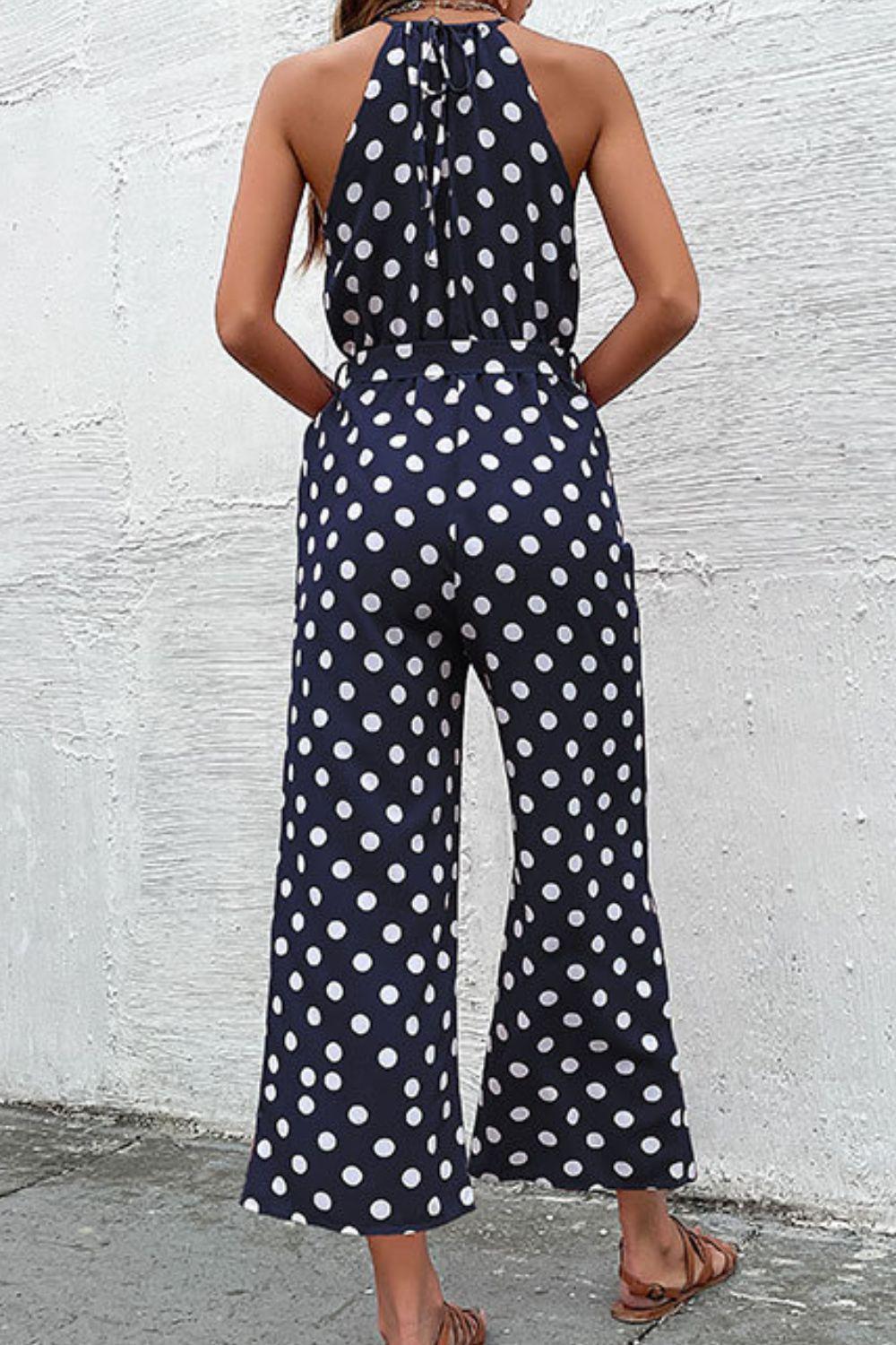 Grecian Belted Sleeveless Polka Dot Jumpsuit - MXSTUDIO.COM