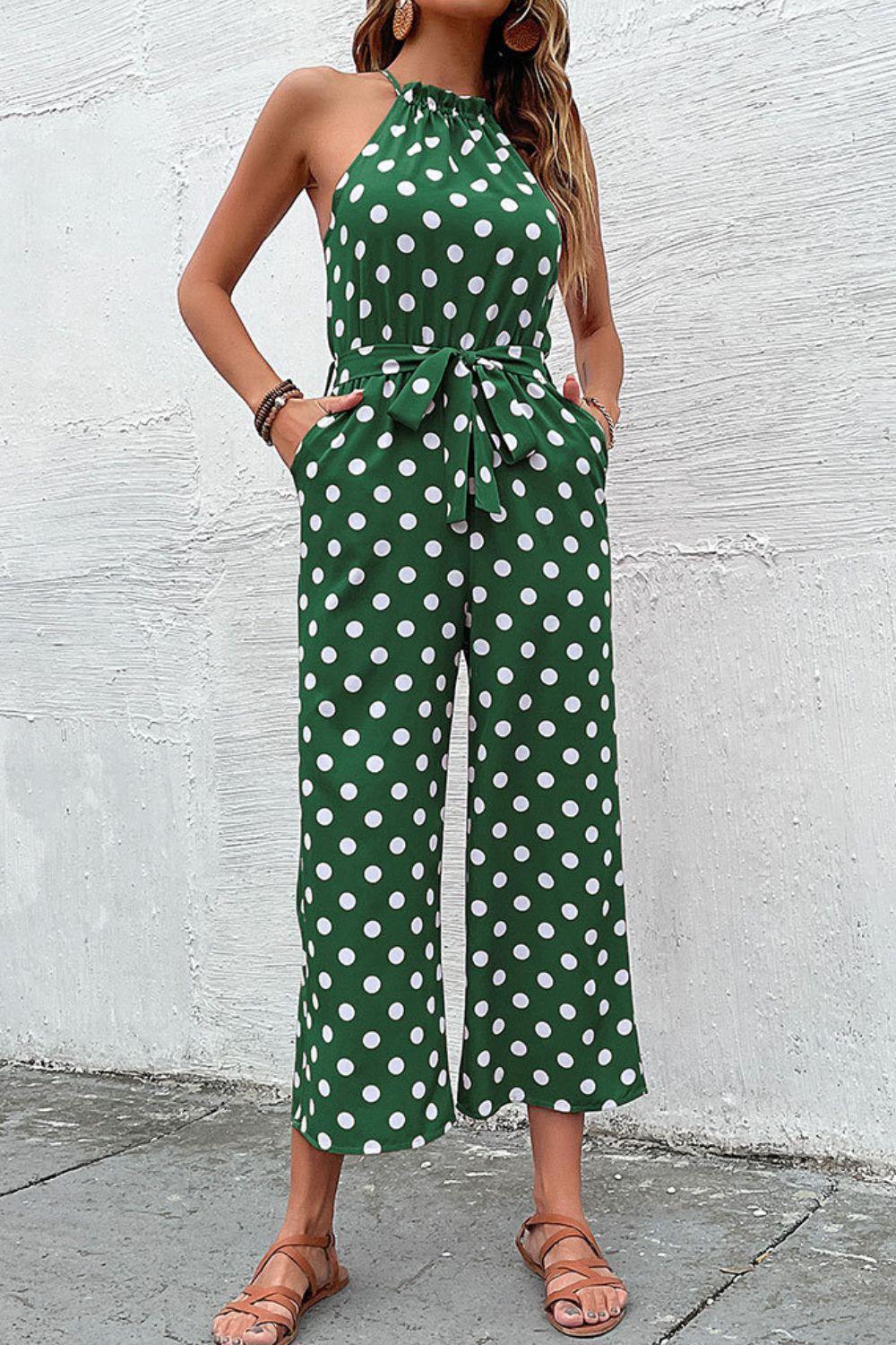 Grecian Belted Sleeveless Polka Dot Jumpsuit - MXSTUDIO.COM