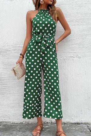 Grecian Belted Sleeveless Polka Dot Jumpsuit - MXSTUDIO.COM