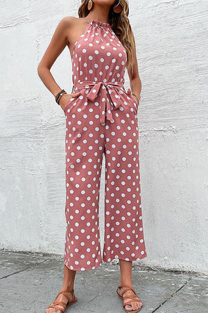 Grecian Belted Sleeveless Polka Dot Jumpsuit - MXSTUDIO.COM