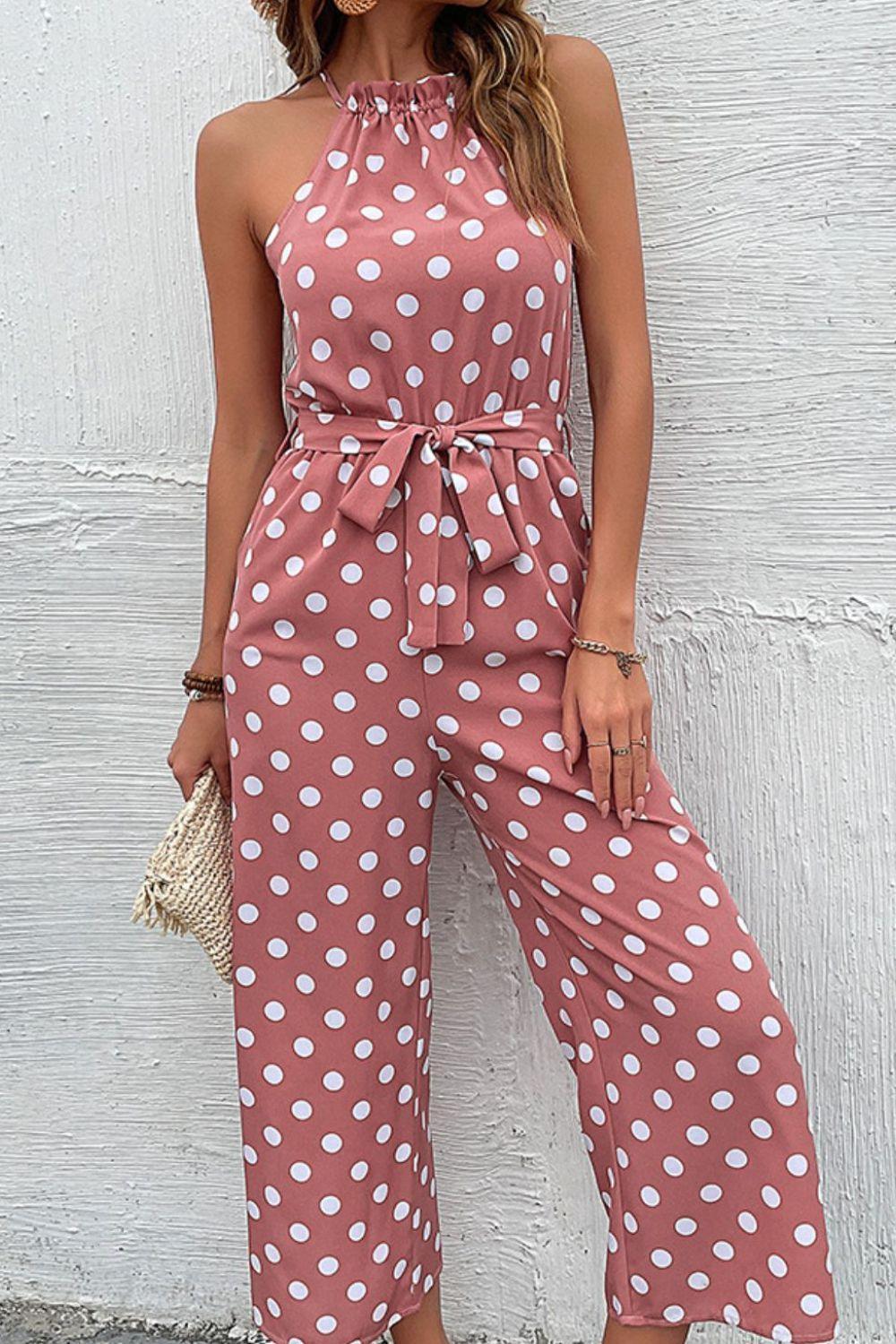 Grecian Belted Sleeveless Polka Dot Jumpsuit - MXSTUDIO.COM