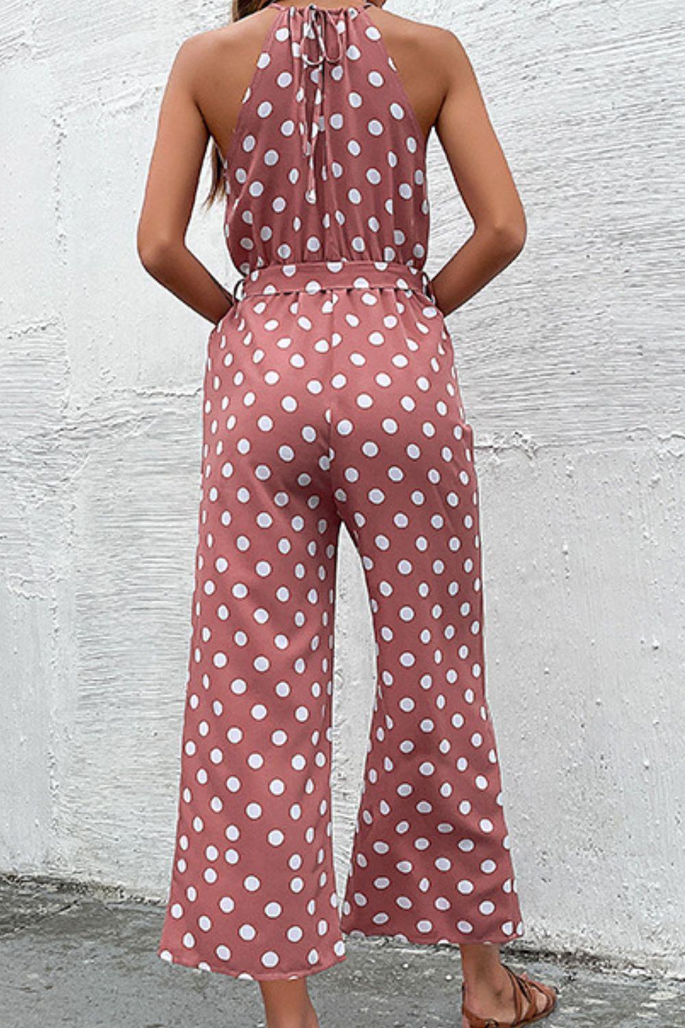 Grecian Belted Sleeveless Polka Dot Jumpsuit - MXSTUDIO.COM