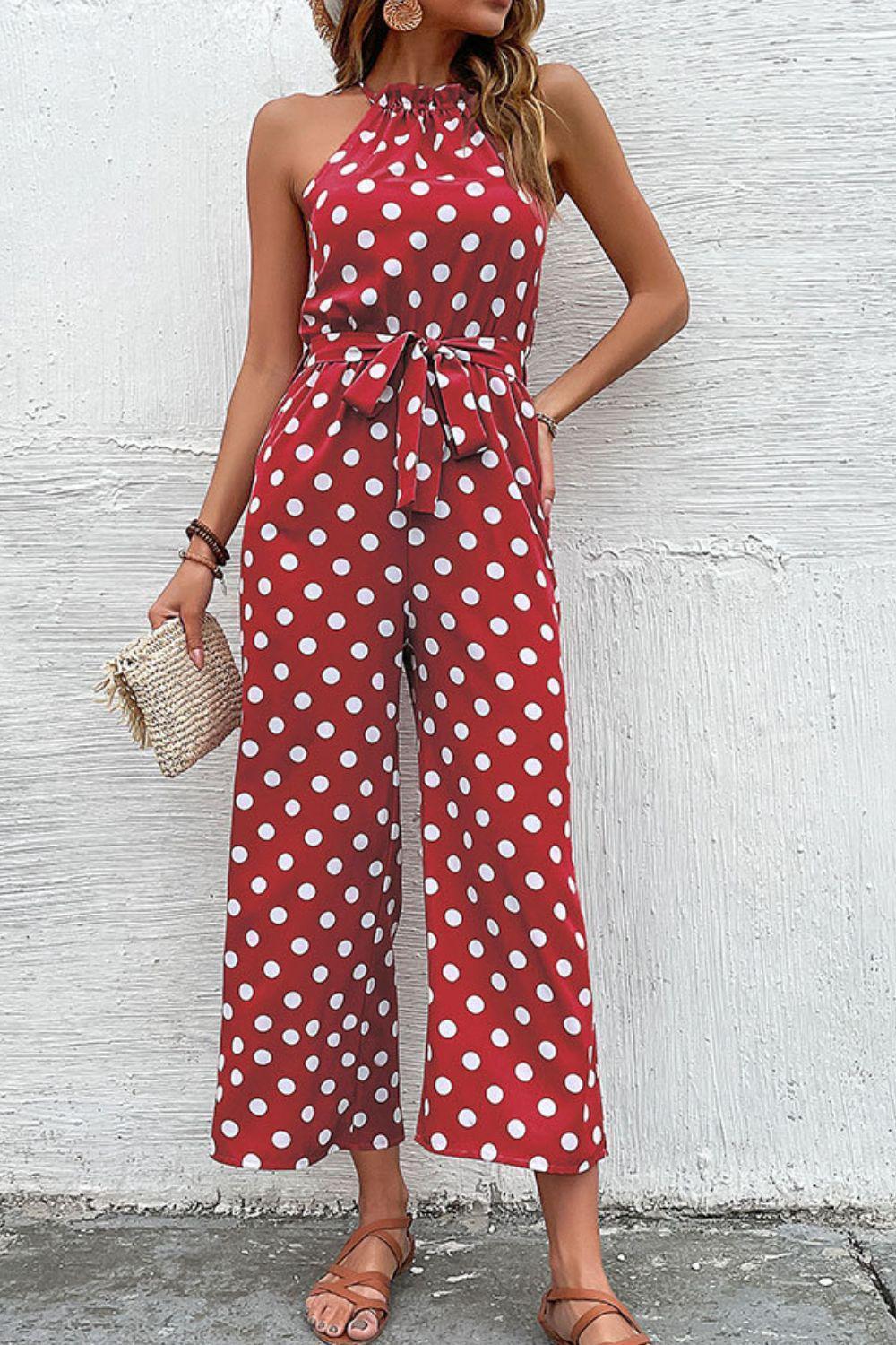 Grecian Belted Sleeveless Polka Dot Jumpsuit - MXSTUDIO.COM