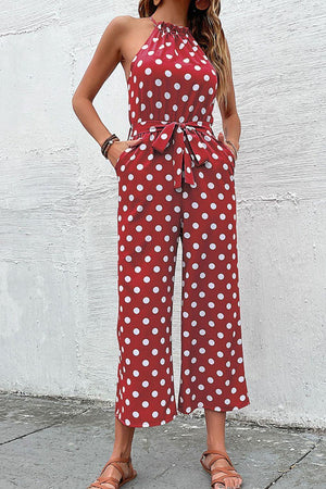 Grecian Belted Sleeveless Polka Dot Jumpsuit - MXSTUDIO.COM