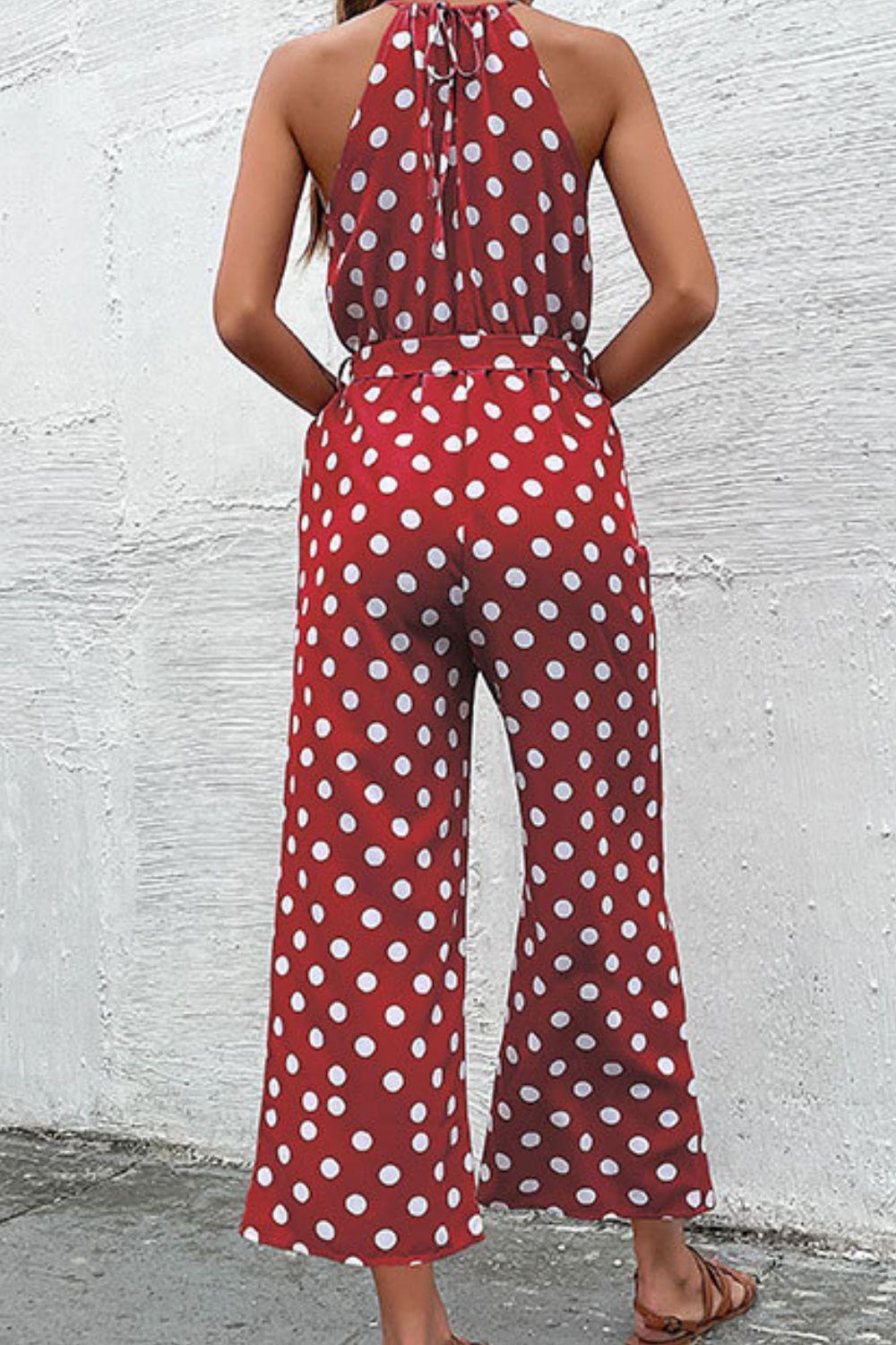 Grecian Belted Sleeveless Polka Dot Jumpsuit - MXSTUDIO.COM