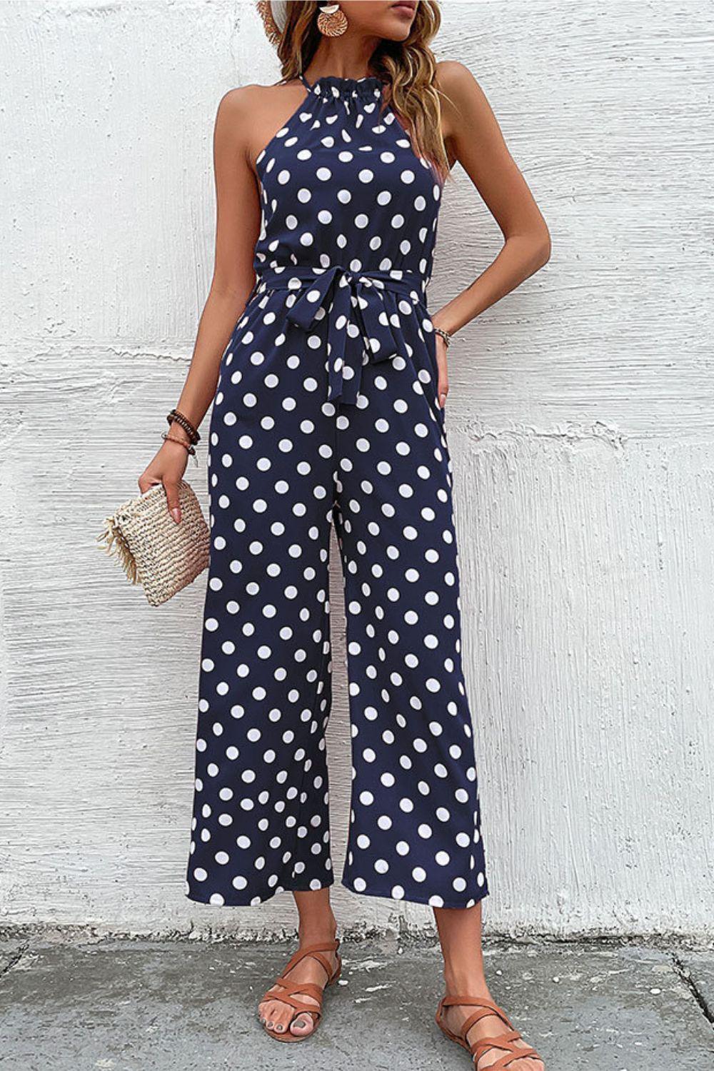 Grecian Belted Sleeveless Polka Dot Jumpsuit - MXSTUDIO.COM