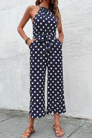 Grecian Belted Sleeveless Polka Dot Jumpsuit - MXSTUDIO.COM