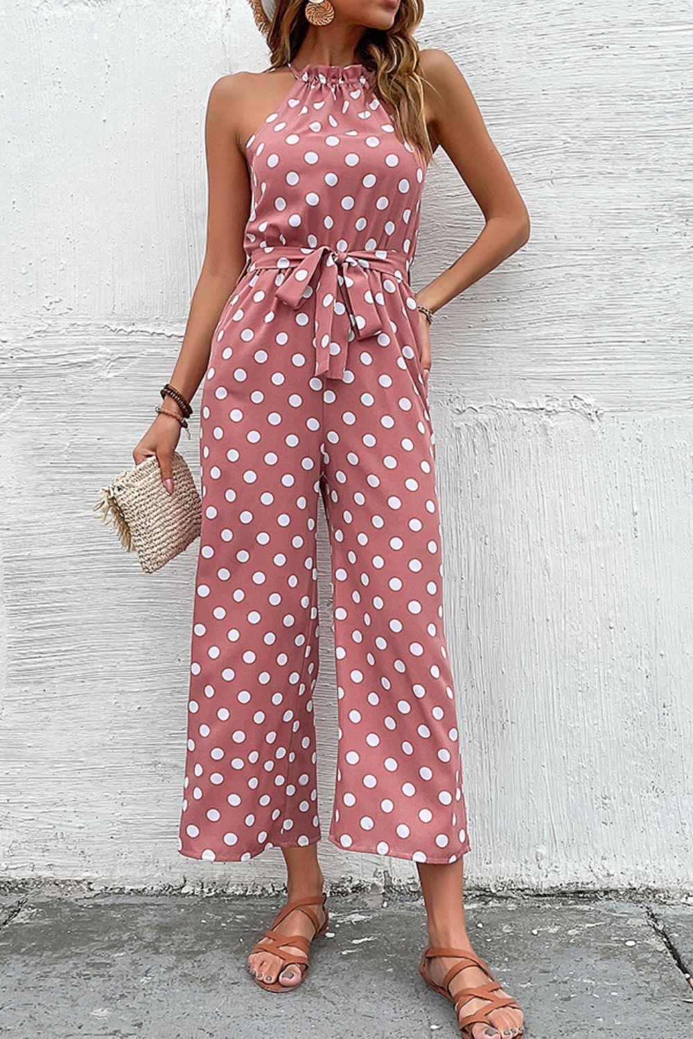 Grecian Belted Sleeveless Polka Dot Jumpsuit - MXSTUDIO.COM