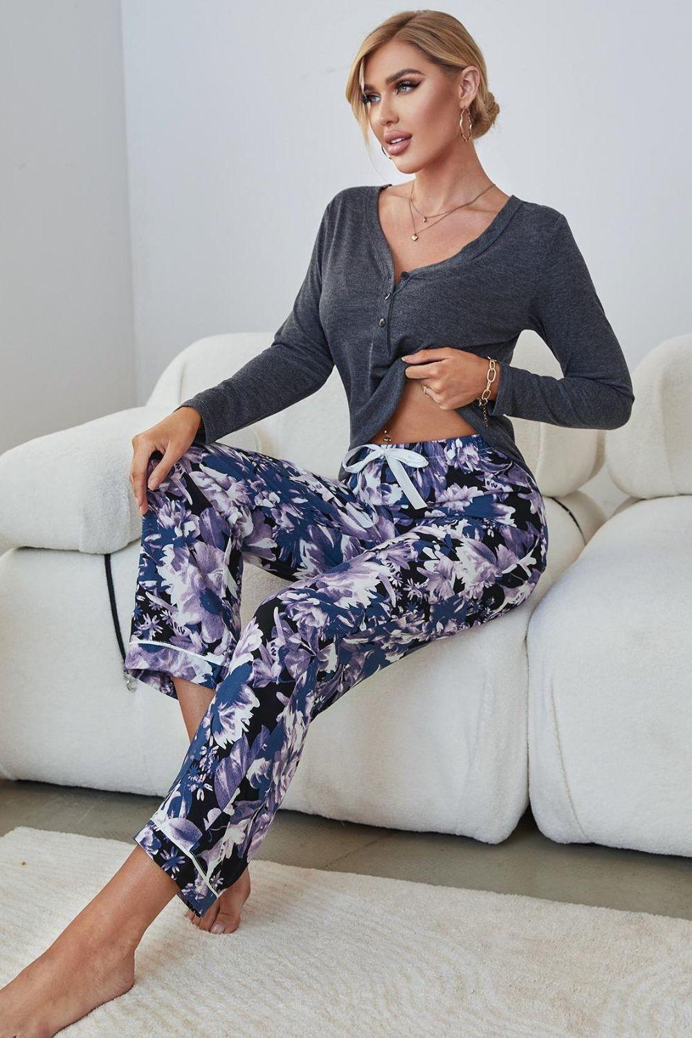 Grey Henly Top And Printed Floral Pants Set - MXSTUDIO.COM
