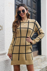 Grid Long Sleeve Turtle Neck Sweater Dress-MXSTUDIO.COM