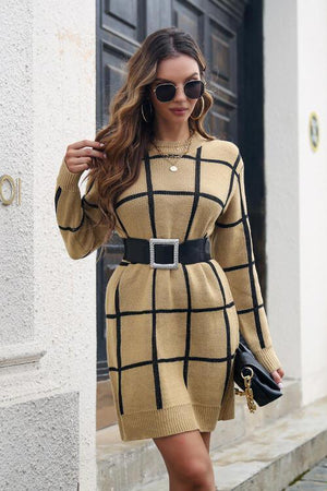 Grid Long Sleeve Turtle Neck Sweater Dress-MXSTUDIO.COM