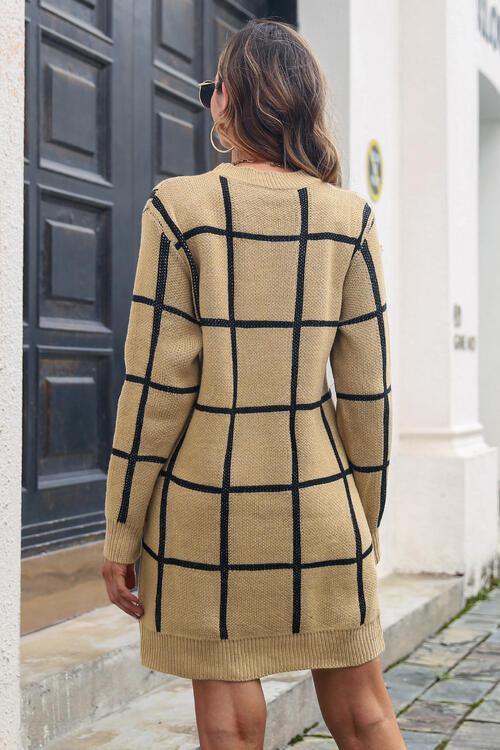 Grid Long Sleeve Turtle Neck Sweater Dress-MXSTUDIO.COM