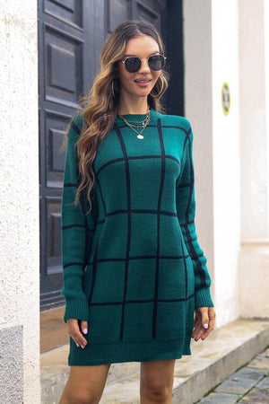 Grid Long Sleeve Turtle Neck Sweater Dress-MXSTUDIO.COM