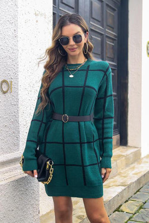 Grid Long Sleeve Turtle Neck Sweater Dress-MXSTUDIO.COM