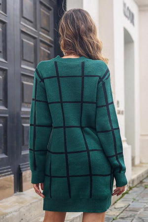 Grid Long Sleeve Turtle Neck Sweater Dress-MXSTUDIO.COM