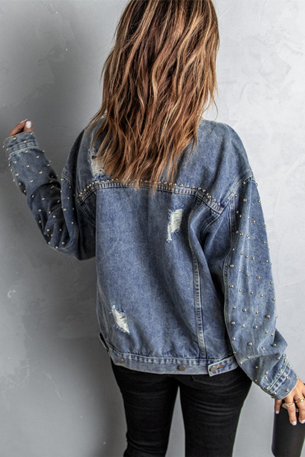 Gritty Studded Button Down Denim Jacket - MXSTUDIO.COM