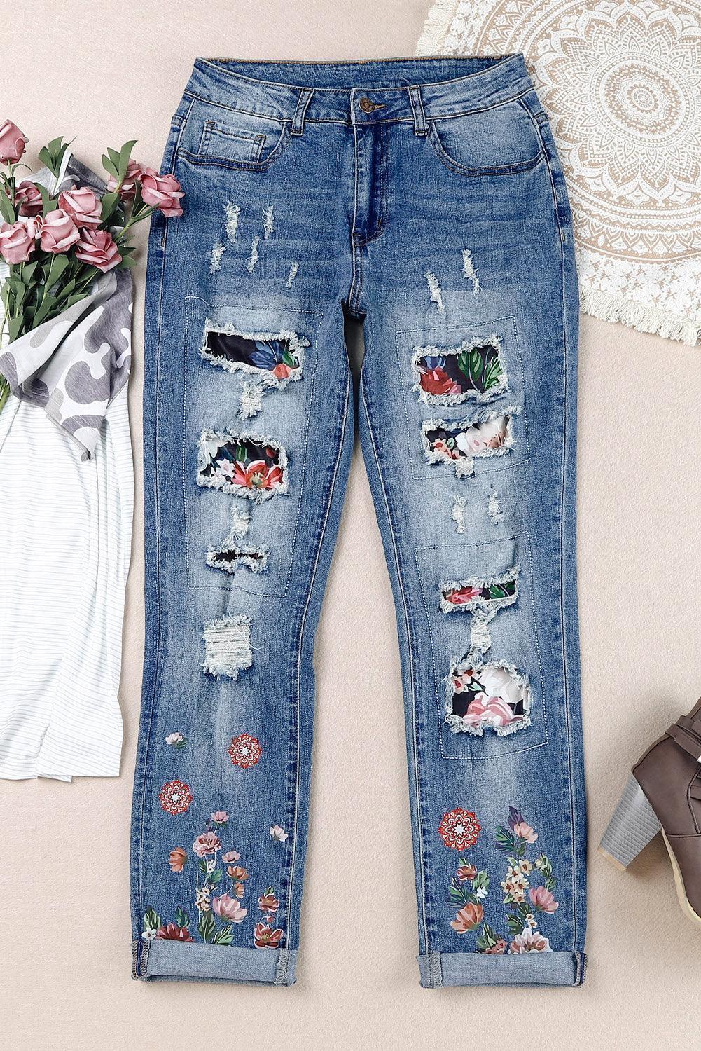 Groovy Floral Graphic Distressed Straight Leg Jeans - MXSTUDIO.COM