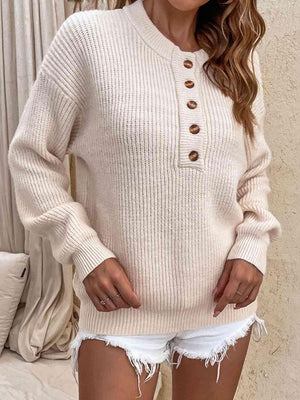 Guaranteed Warmth Knitted Half Button Sweater-MXSTUDIO.COM