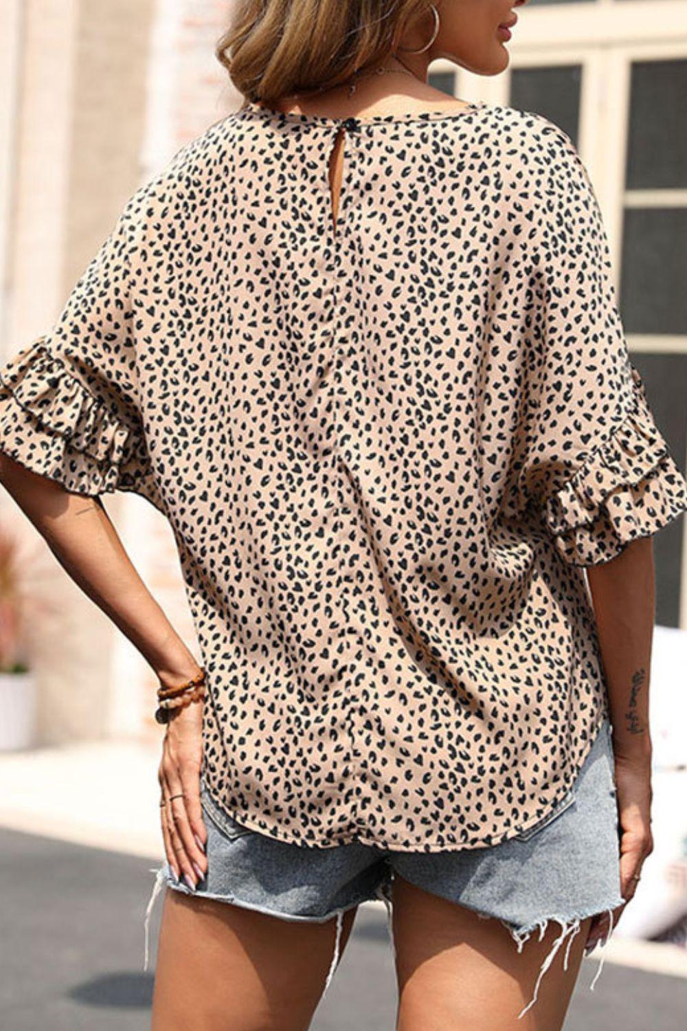 Gutsy Leopard Flounce Sleeve Blouse - MXSTUDIO.COM