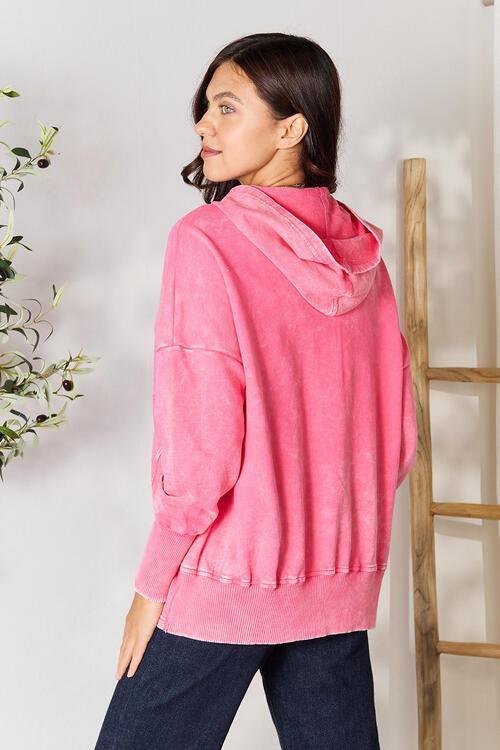 Half Snap Long Sleeve Fuchsia Pink Hoodie-MXSTUDIO.COM