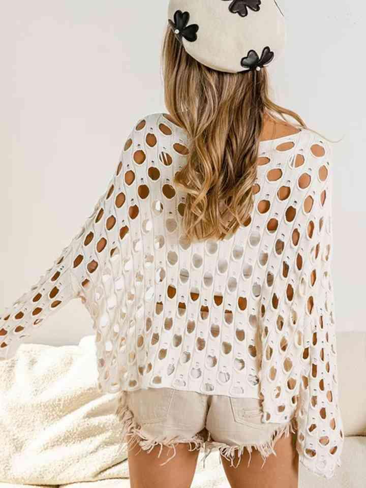Hallow-Out White Knit Long Sleeve Fishnet Top-MXSTUDIO.COM