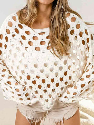 Hallow-Out White Knit Long Sleeve Fishnet Top-MXSTUDIO.COM