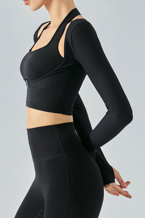 Halter Neck Ribbed Sports Top with Long Sleeves - MXSTUDIO.COM