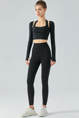 Halter Neck Ribbed Sports Top with Long Sleeves - MXSTUDIO.COM