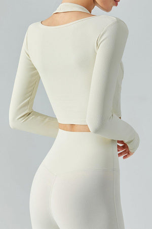 Halter Neck Ribbed Sports Top with Long Sleeves - MXSTUDIO.COM