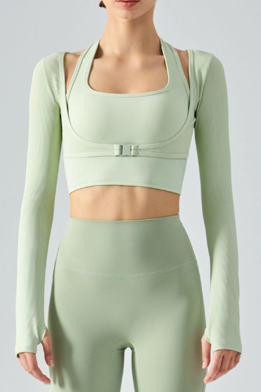 Halter Neck Ribbed Sports Top with Long Sleeves - MXSTUDIO.COM