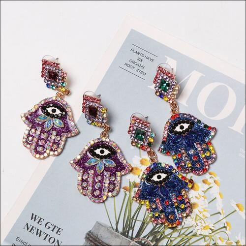 Hamsa Evil Eye Alloy & Rhinestone Earrings-MXSTUDIO.COM