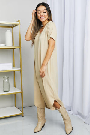 Hanging Free V-Neck Slit Midi Dress - MXSTUDIO.COM