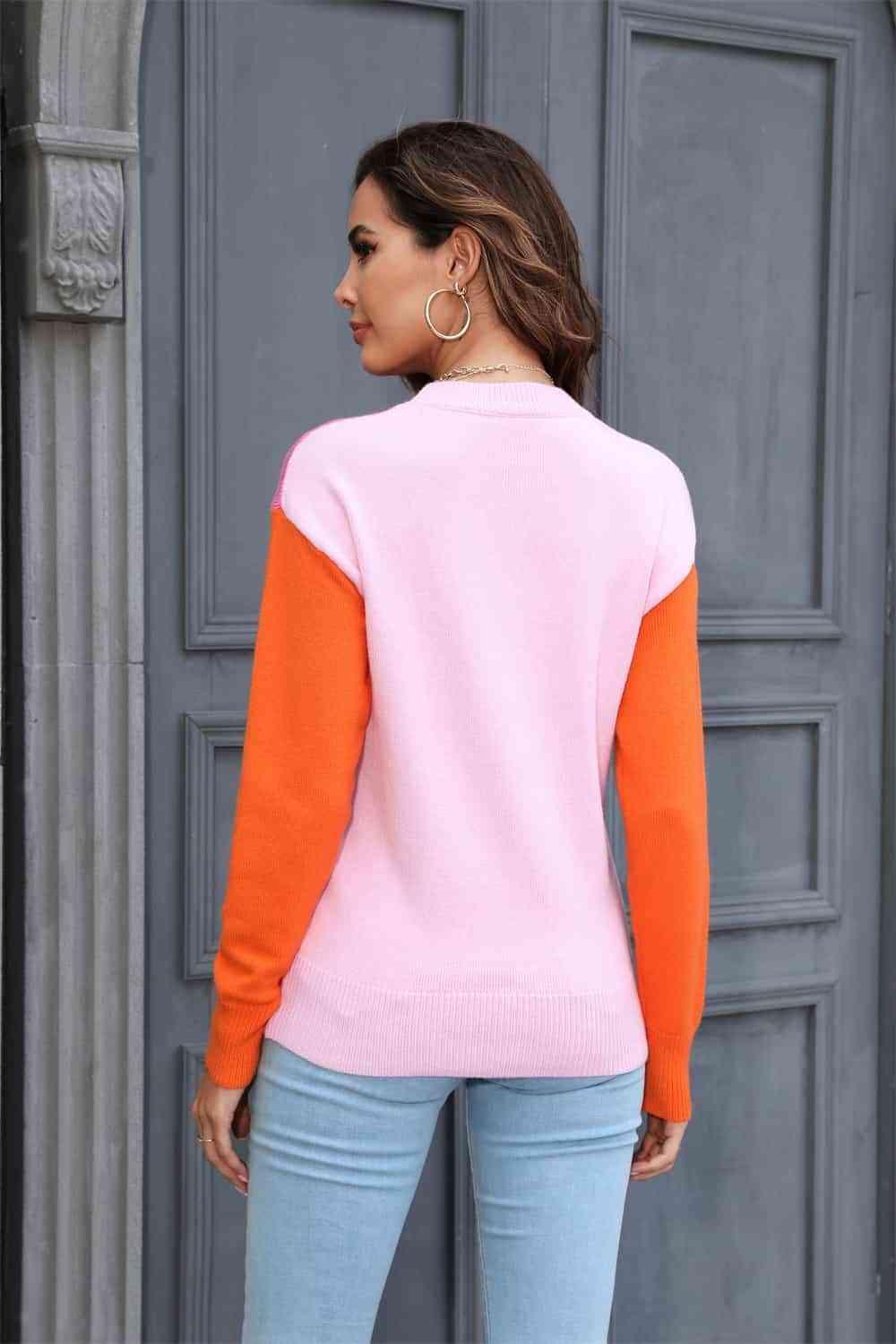 Happy Fall Color Block Crew Neck Sweater - MXSTUDIO.COM