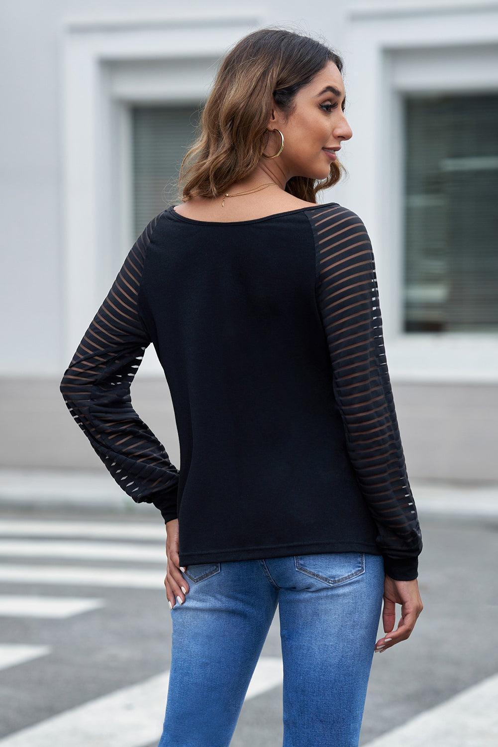 Happy Friday Sheer Striped V Neck Long Sleeve Top - MXSTUDIO.COM