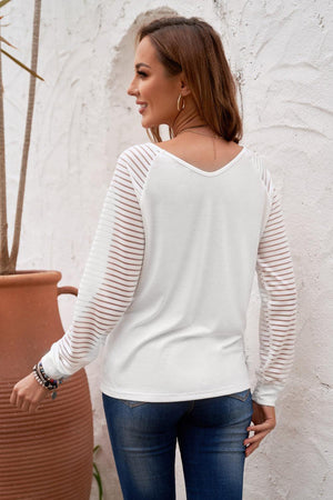 Happy Friday Sheer Striped V Neck Long Sleeve Top - MXSTUDIO.COM