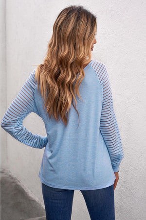 Happy Friday Sheer Striped V Neck Long Sleeve Top - MXSTUDIO.COM