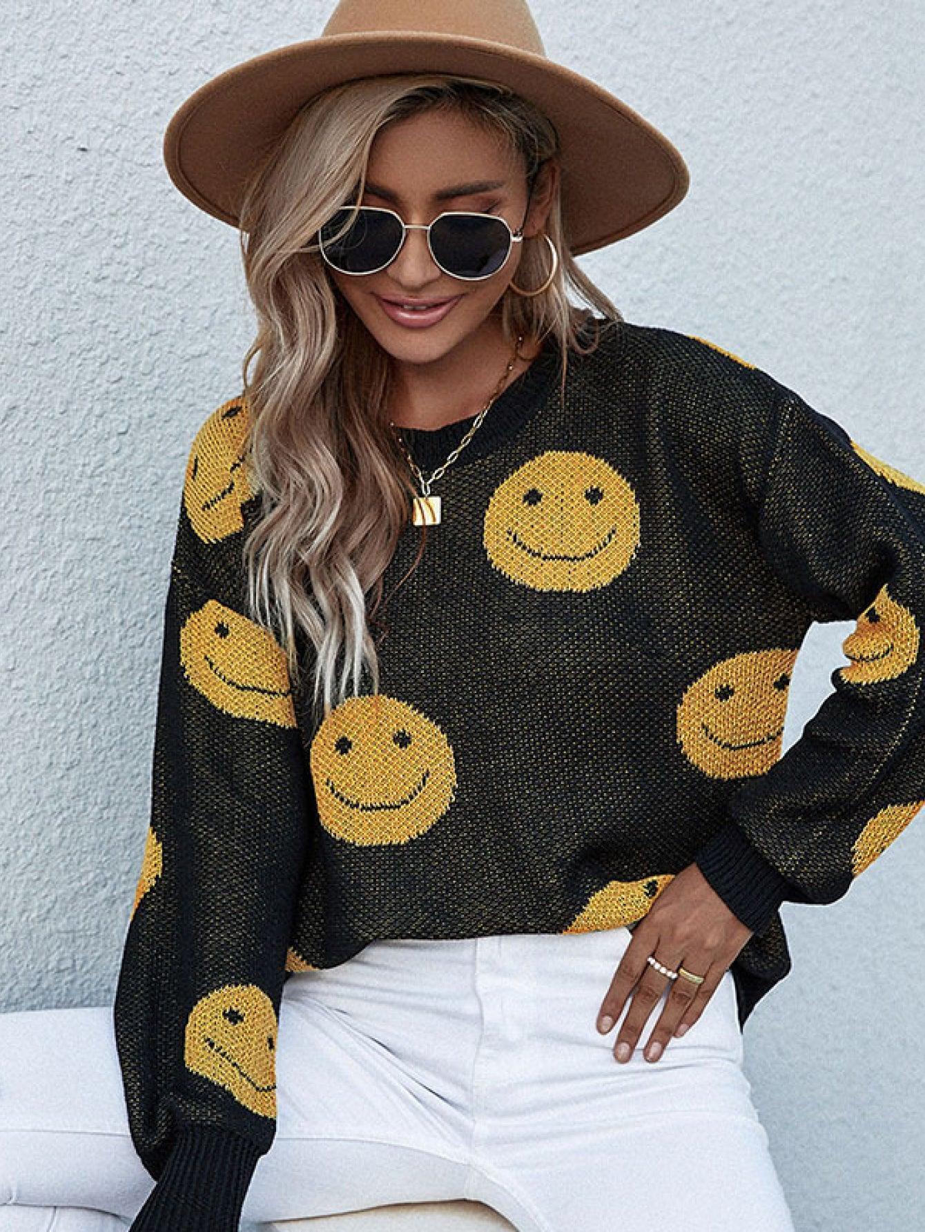 Happy Go Lucky Ribbed Smiley Face Sweater - MXSTUDIO.COM